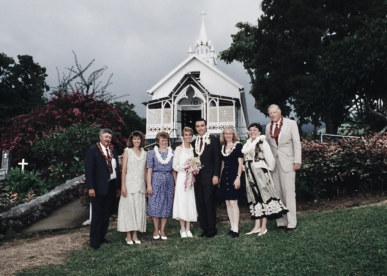 Our wedding party. with Julie’s older sister (Lynda), father (Harold), mother (Judy), Julie and me, Julie’s younger sister (Beth), and my folks, 1994.